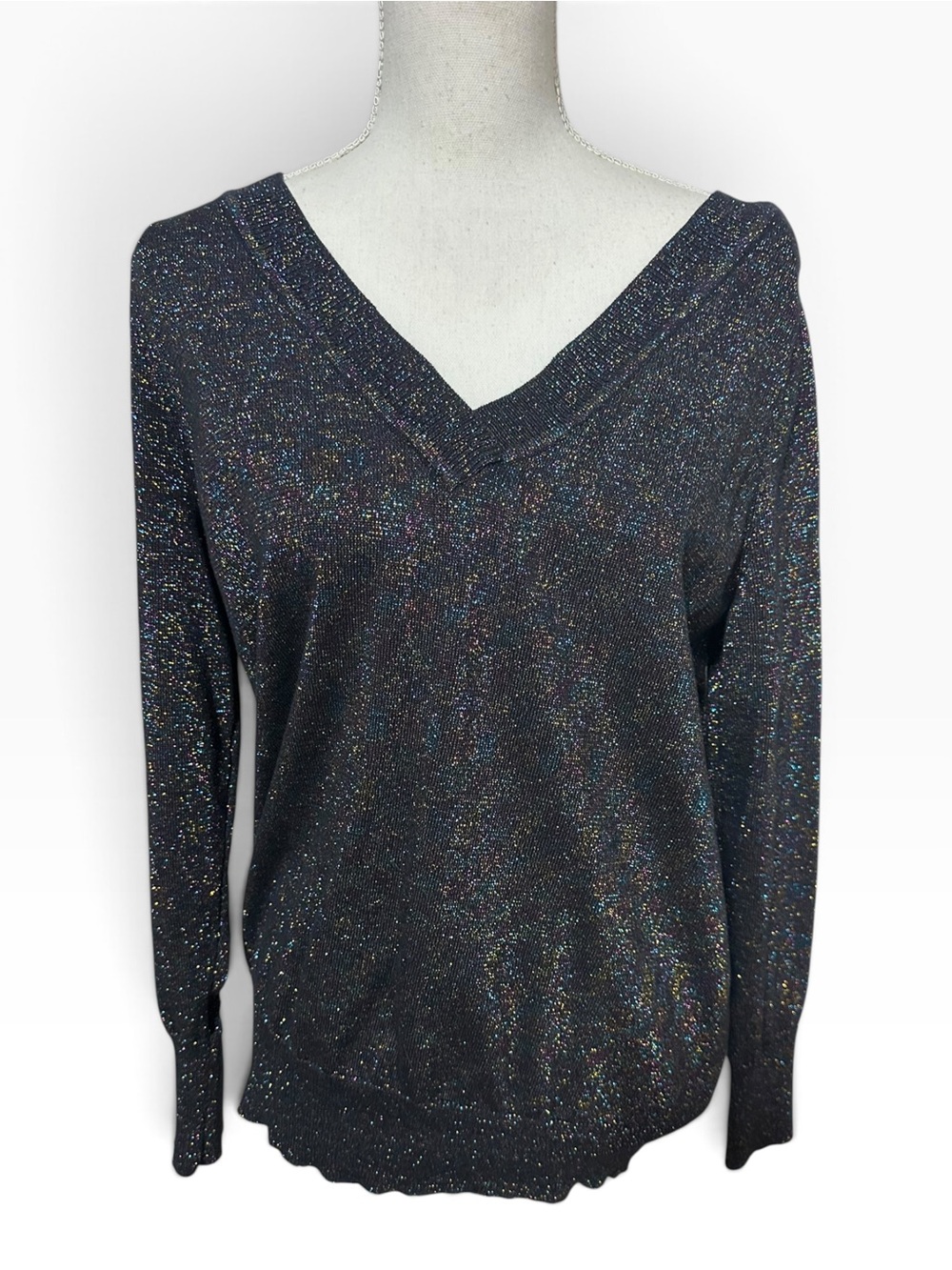 Lane Bryant Black V-Neck Rainbow Sparkle Knit Sweater